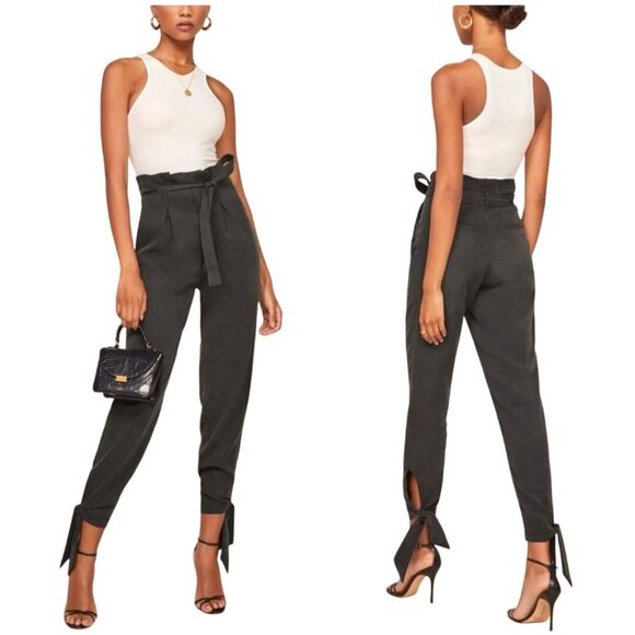 Reformation Avalon Pant Tie Ankle Paperbag Waist Black Size 8 - Picture 7 of 13